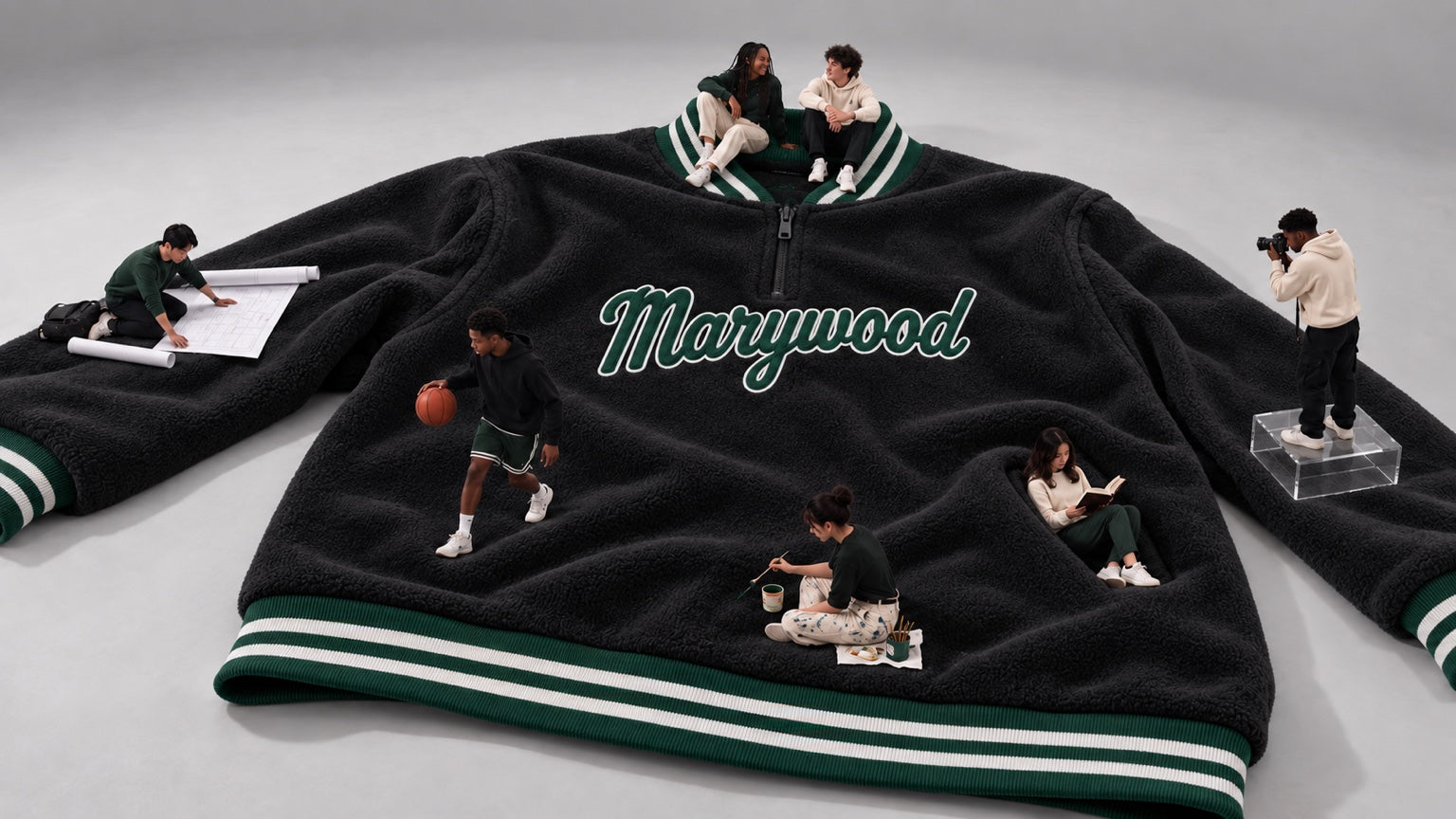 Marywood half-zip creative campaign with miniature campus scenes